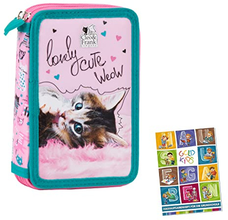 2-fache Federtasche Federmappe Federmäppchen 27-teilig gefüllte Schüleretui Stifte und Pinsel inkl. Aufgabenheft Federbox Etui Stiftetasche Schlamper-Etui Schul-Etui Cleo & Frank 35 Katze Cat Motiv