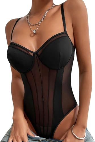 TTPSRY Dam Sheer Mesh Ärmlös Bodysuit Spaghettirem Cami Toppar Korsett Camisole Korsett Trikåer Bodycon Jumpsuit, Svart, S