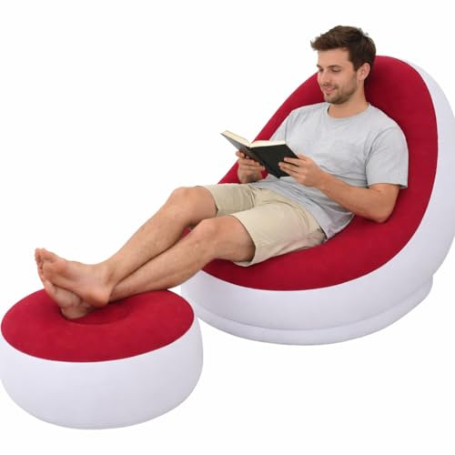 eBoutik - Deluxe Inflatable Lounge Chair & Footstool – Soft Fabric Indoor & Outdoor Lounger – Ideal for Garden, Home, Gaming & Relaxation – Perfect Valentine’s, Mother’s Day & Easter Gift (Red)