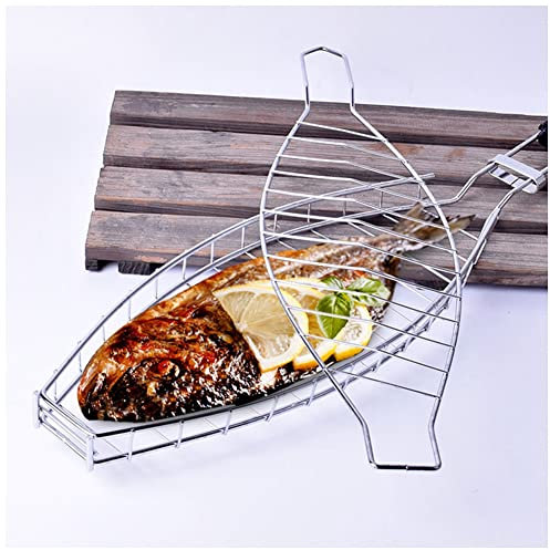 YOUCAI Fischgriller Mit Holzgriff, Fischhalter Fischwender BBQ Grillfisch Rack Fischgrillzange Fischkorb Tragbar Edelstahl Fischgrillzange Fischkorb Für Fleisch, Steak, Garnelen, Gemüse KW3007 37CM