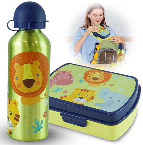SRV Hub The Jungle Boîte à déjeuner avec bouteille d'eau pour enfants, 21 cm, sans BPA, 16 cm, boîte à sandwich en plastique pour enfants, école, camping, sports en plein air,500 ml