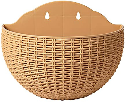 Hanging Planter Pot Half Round Imitation Rattan European Style Wall Flowerpot Rustic Decorative Flower Basket Semicircle Plastic Plant Baskets Container Flower Pot with Drainage and Hooks for(Khaki L)