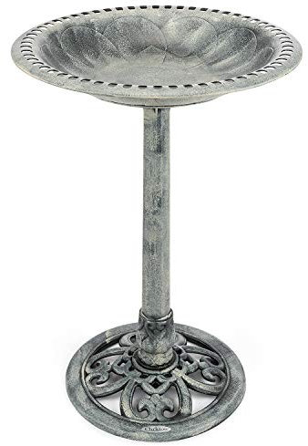CHRISTOW Plastic Resin Bird Bath for Garden, Round Pedestal Birdbath, Traditional Victorian Style, Rustic Metal Effect, Standing Outdoor Water Bowl, 60cm x 43cm x 43cm (Grey)