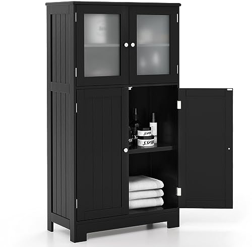 Multigot Bathroom Floor Cabinet (Black) | Freestanding Wooden Storage Cupboard with Tempered Glass Door & Adjustable Shelf, Multifunctional Modern Storage Organizer