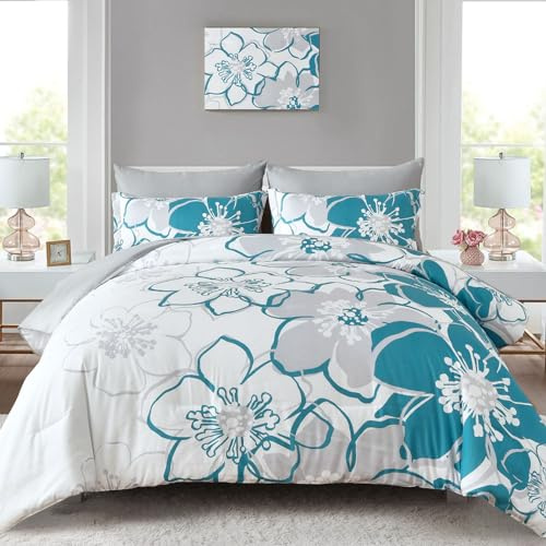 Anibedding Teal Floral Comforter Set King Size 7 Piece, Teal Blue Flower Bed in a Bag, Elegant Botanical Floral Comforter Soft Microfiber Complete Bedding Set for All Season, (Teal, 104x90)