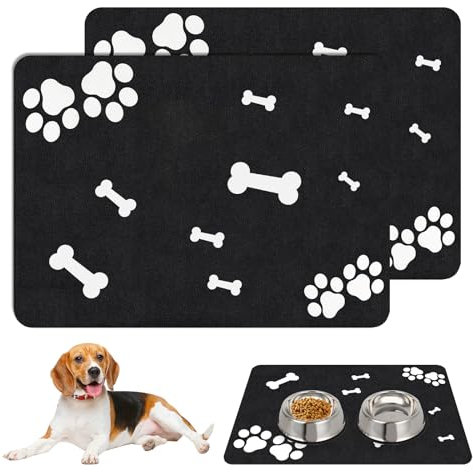 Napfunterlage Hund, 2 Stück Napfunterlage Katzen, Futtermatte Hund 60 x 40 cm, Super Saugfähige Futtermatte Katzen, rutschfeste & Wasserdicht Hundenapf Unterlage, Futternapf Matte, Schwarz