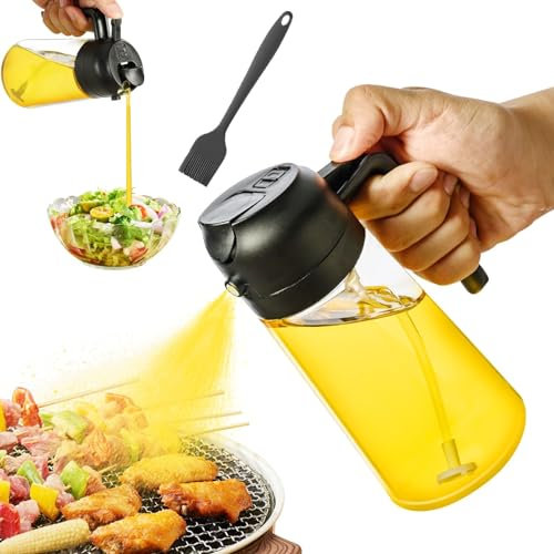 MARUKO 2 in 1 Ölsprüher, Sprühflasche für Öl, 470ml/16.5oz Glasöl Sprüher und Spender mit Silikonbürste für Küche, Salat, Braten, BBQ (Schwarz)