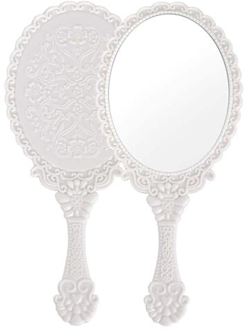 Colexy Handspiegel,Professioneller Handspiegel mit Griff,Schminkspiegel Runde Form,Friseure Rasierspiegel Kosmetikspiegel,Runde Taschenspiegel für Handheld, Zuhause,Reisenutzung (Weiß)