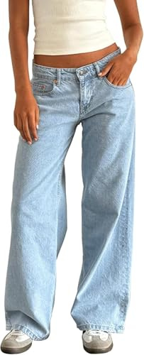 Womens Low Rise Baggy Jeans Y2K Boyfriend Wide Leg Straight Jean Vintage Denim Pants Casual Jeans with Pocket (Light Blue, M)