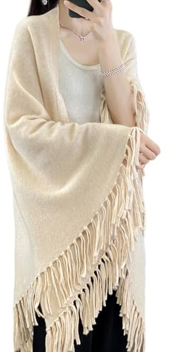 Ailaile 100 % laine mérinos châle Wrap Femmes Tassel Poncho Cape Cardigan Automne Hiver Pull Ouvert Manteau, beige, taille unique