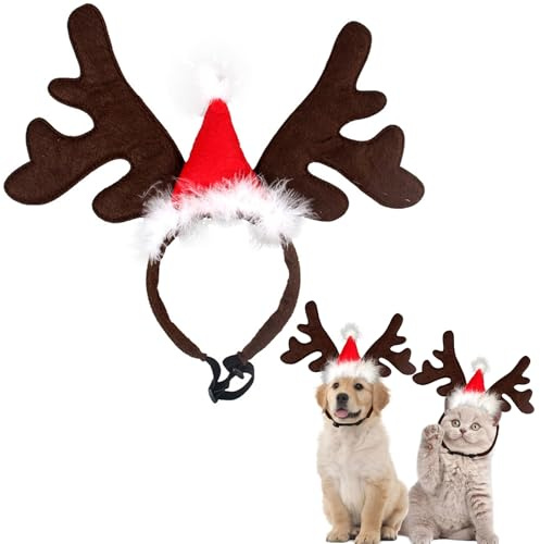 Weihnachten Haustier Stirnband, Hund Katze Rentier Geweih, Rentiergeweih Stirnband Elchgeweih Haarreif mit Weihnachtsmütze für Katze Hund Weihnachten Party Haarschmuck Cosplay Kostüm Zubehör