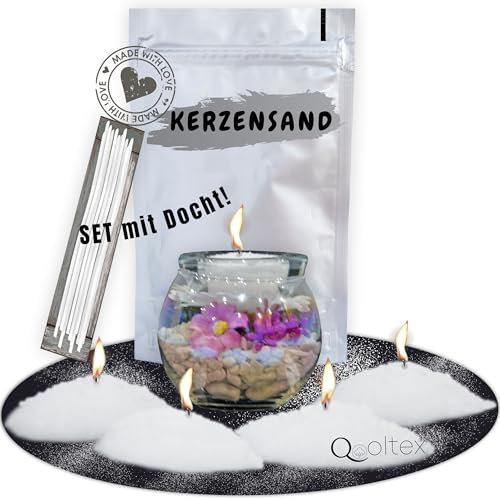 Kerzensand mit Docht SET 1kg - Hohwertige Wachsperlen Weiß unbeduftet und Rußfrei - Kerzenwachs Kerzen Sand Granulat Wachsgranulat