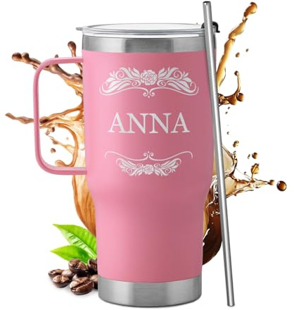 Maverton Tazza termica con manico e cannuccia 600ml, Borraccia | Con cannuccia acciaio inox, Bicchiere termico rosa, Tazza personalizzata per viaggio accessori utili, Regali donna compleanno