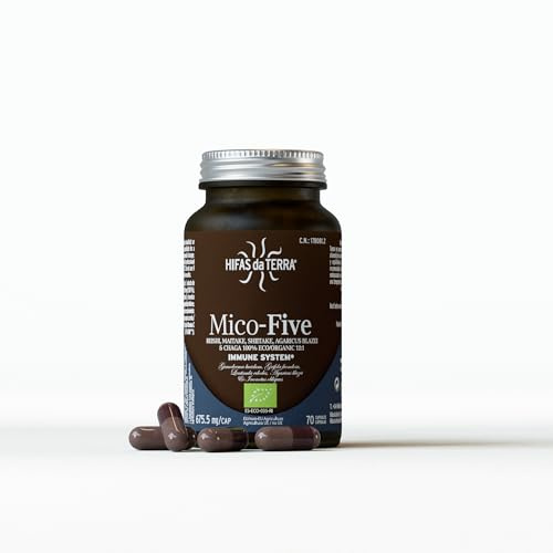 HIFAS DA TERRA - Mico-Five - Extracto Puro de Reishi, Maitake, Shiitake, Champiñón del sol y Chaga con Vitamina C - Refuerzo inmunitario natural - Extracto de Hongos - Bote 70 Cápsulas