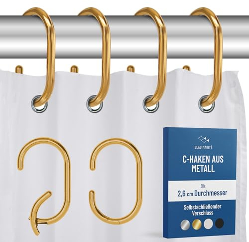 Blau Marité 12 Ganchos Metálicos en forma de C para Cortina de Ducha. Anillas Decorativas para cortina de ducha Resistentes al Óxido. Para Barras de Hasta 2,6 cm de Diámetro (C, Oro)