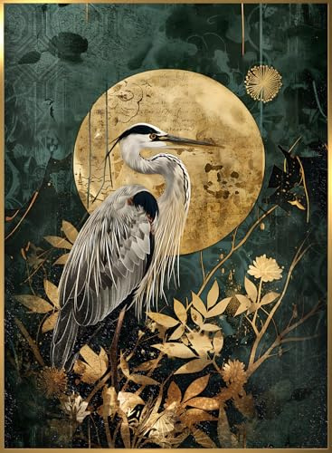 STYLER Bild Golden Sun 50x70 cm mit goldenem Rahmen – Luxuriöses Wandbild für Ihr Zuhause – Reiher Gold Dunkelgrün Modern Minimalistisch Deko