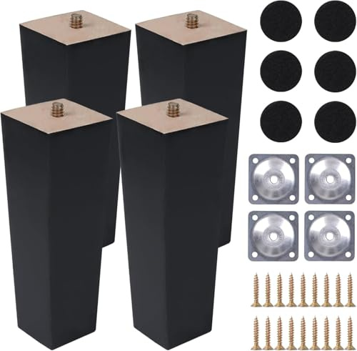 Zythrem 10 Inch Wooden Furniture Legs 25cm Sofa Legs Set of 4 High Sofa Feet Black Cabinet Legs Square Table Legs Wood Chair Legs Replacement Furniture Feet with Mounting Plates Screws Non-Slip Mats