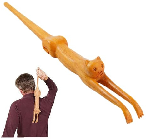 Rascador de espalda con forma de gato, rascador de espalda de mano divertido de 18.9 pulgadas, rascador de espalda de gato de madera de tilo, masajeador de mango largo, para relajación corporal