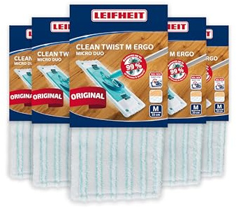 Leifheit Housse Balai Microfibre Micro Duo M, Lot de 5, 33 cm | Compatible CLEAN TWIST M Ergo et POWER CLEAN M, double fibre, lavable 200 fois à 60°C, fixation velcro, serpillere