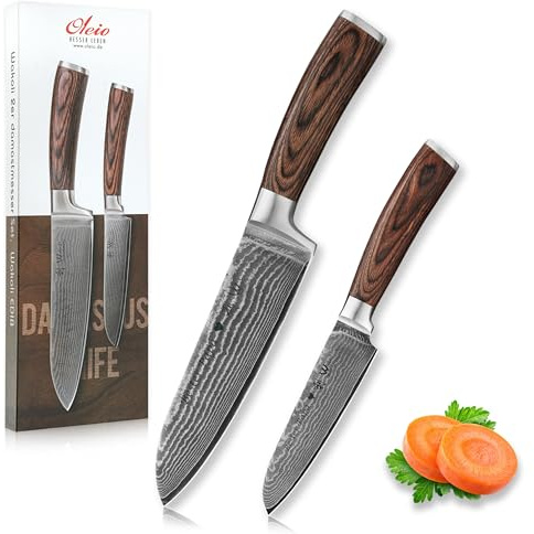 Wakoli Edib 2er Damastmesser Set mit Gravur – Personalisiertes Messer-Set, großes & kleines Santoku (17 / 12 cm), 67 Lagen Damaststahl (VG10-Kern), Pakkaholzgriff, Geschenkbox