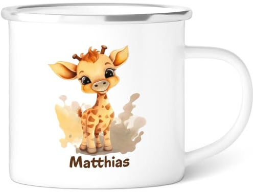 GRAVURZEILE Emaille Tasse für Kinder - Tiere Giraffe - Personalisiert mit Namen - versch. Tiermotive zur Auswahl - 300 ml - Trinkbecher für Kinder - Geschenk für Jungen & Mädchen