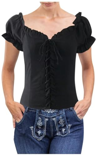 Beichwtd Trachtenbluse Damen Kariert Bluse Kurzarm- Oktoberfest Outfit Trachten Oberteil mit Stehkragen & Herzknöpf, Dirndl Bluse Modern Atmungsaktiv Trachtenhemd Große Größen