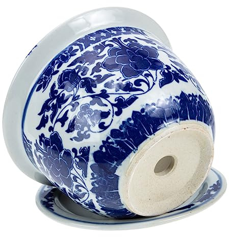 Toyvian Pot de Fleurs Céramique Bleu et Blanc avec Plateau Grand Pot de Plantes pour Intérieur et Extérieur pour Fleurs et Orchidées Design Pratique et Durable Porcelaine