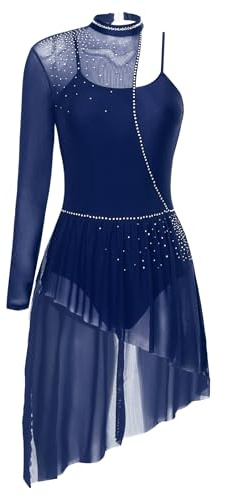Sinleey Damen Contemporary Dance Kleid Eiskunstlauf Kleid Gymnastik Trikot Asymmetrisch Strass Latein Modern Jazz Tanzkleid