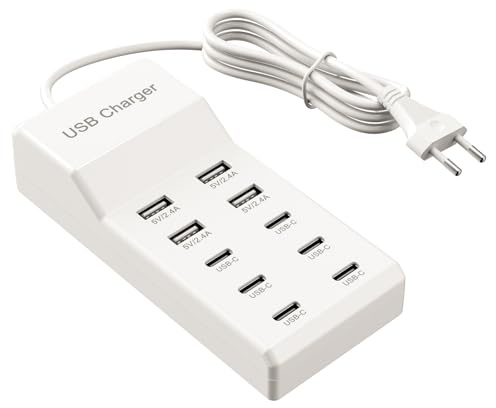 USB-C-Ladestation, Desktop 50W Multi 10 Ports USB Ladegerät Kompatibel mit iPhone 12/13/14/15/16/Galaxy S23/S24/S25/Phones Tablet Watch Kopfhörer