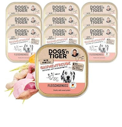 Dogs'n Tiger Gaumenfreude Nassfutter Hund Schale, Geflügel, 10x 150g | Hundefutter nass, mit Süßkartoffel, hoher Fleischanteil, getreidefrei, ohne Zuckerzusatz, ohne Konservierungsstoffe