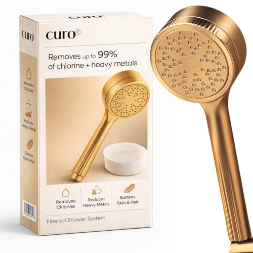 Curo Skin Brushed Gold Filtered Shower Head - Filters Chlorine, Heavy Metals & Impurities Found in Water - Improves Quality of Skin & Hair - High Pressure - Quick & Easy to Install (Brushed Gold)