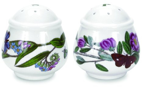 Portmeirion x Botanic Garden Salt and Pepper Pots, Romantic Shape, Earthenware Floral Design with Rhododendron and Forget Me Not Motifs, Made in England, 7cm