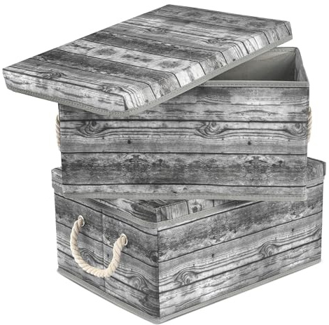 Sorbus Storage Box Set with Lid, Carry Handles, Foldable Frame, Rustic Wood Grain Print Bins, Great for Toys, Memorabilia, Closet, Office, Bedroom, 2-Pack (Wood Box Set - Gray)