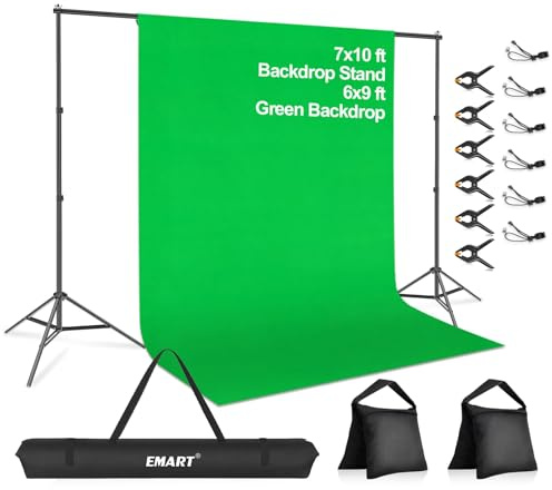 EMART 7 x 10ft Green Screen Backdrop Kit with Tripod Stand, Photography Background Support System with 6 x9ft 100% Cotton Muslin Chromakey Backdrop for Photo Studio, Video Shooting, Live Streaming