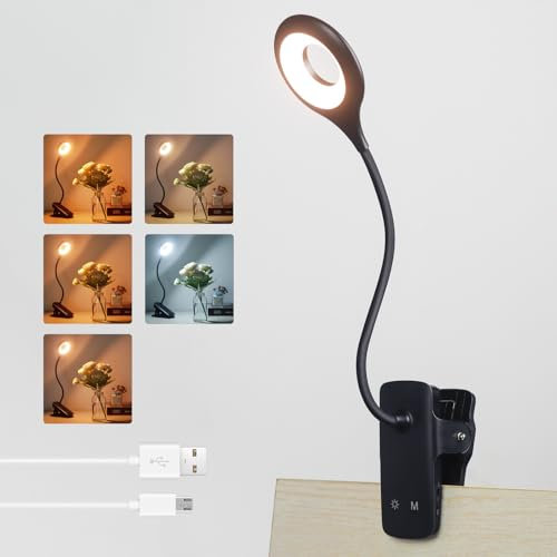 Akynite 3W Leselampe am Bett Aufladbar Klemmbar, Typ-C Ladung, 5 Farbwechsel & 5 Helligkeit, Bettlampe mit akku, 28 LED Klemmlampe Touch Dimmbar, für Nachttischlampe Stilllampe, Schwarz