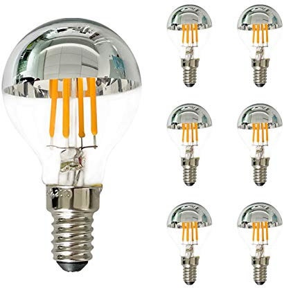 Grensk Lampadina LED Edison G45 / G14 4W, lampadina a filamento LED con punta argento, equivalente a 40 Watt, base candelabro E14, bianco caldo 2700K, dimmerabile -6Pack