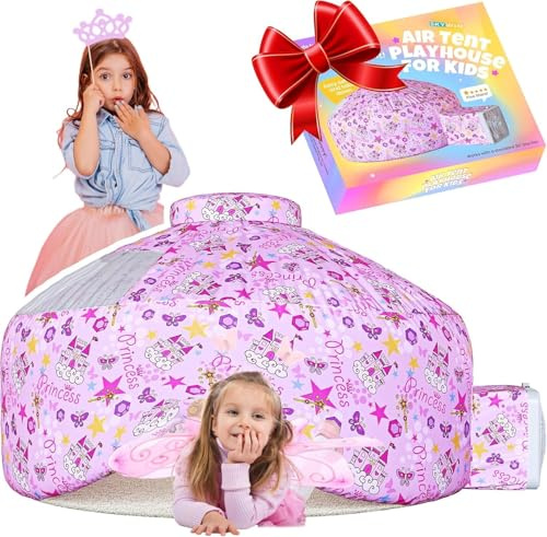 Skywin Inflatable Air Tent for Kids (77” x 50”), Perfect for Social or Solo Imaginative Play, Blow Up Tent, Sets Up and Stores Away in Seconds, Toddler Playhouse (Fan NOT Included) (Pink Princess)