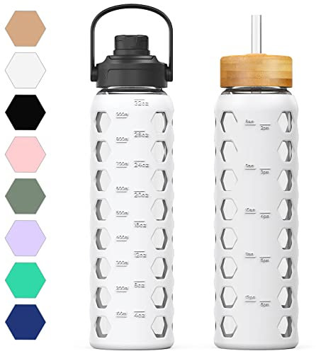 MUKOKO 32oz Glass Water Bottles with 2 Lids-Handle Spout Lid&Bamboo Straw Lid, Motivational Water Tumbler with Time Marker Reminder and Silicone Sleeve, Leakproof-White-1 Pack