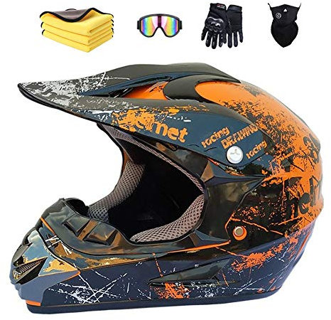 Ruiqieor Motorradhelm Kinder Cross Helme Sturzhelm Helm für Motorrad Kinderquad und Crossbike ATV Helm mit Handschuhe Maske Brille,Orange M:57-58cm