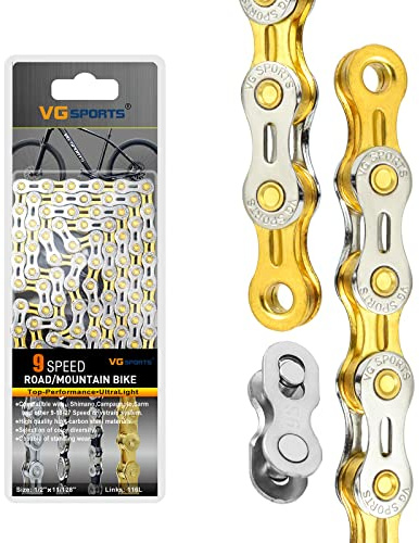 VG SPORTS 6/7/8/9/10/11 Speed Bike Chains,Half Hollow/Full Hollow Lightweight Bicycle Chains for Road Bike/MTB/BMX,Silver/Gold/Titanium/Rainbow 116 Links with Missing Link