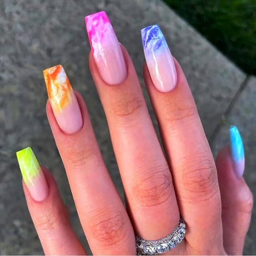 Brishow French Nägel zum Aufkleben Künstliche Nägel Rosa Lang Press on Nails mit Regenbogen Ballerina Acryl Falsche Nägel 24 Stück für Frauen und Mädchen