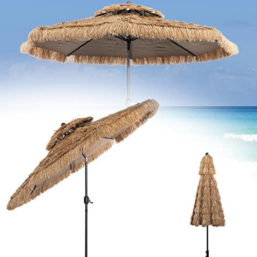 RELAX4LIFE Parasol de Plage Hawaï Tropicale Inclinable 285cm | Parasol de Paille à 8 Baleines, Mât en Fer, Double Toit pour Plage Patio Piscine, Base Non Inclus, H.260cm