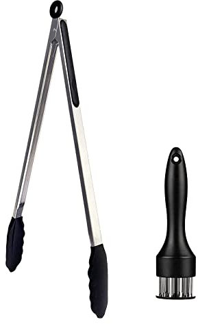 UPTALY 1 pinza per barbecue extra lunga da 45 cm con testa in silicone, 1 batticarne con punte per piercing, pinza per alimenti di grandi dimensioni, pinza per insalata in acciaio inox