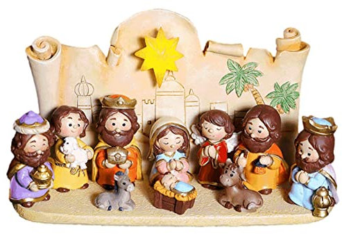 Set Presepe di Natale in Resina - 10 Pezzi Con 7 Figure, Statue, Mangiatoia e Statuine per Decorazioni di Ufficio, Casa e Chiesa