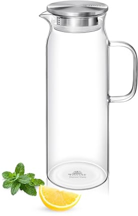 Wilmax - Carafe en verre avec couvercle en acier inoxydable - 1500 ml - Carafe pour boissons chaudes ou froides - Carafe à eau en verre borosilicate - Carafe en verre pour thé, jus - Pichet à eau