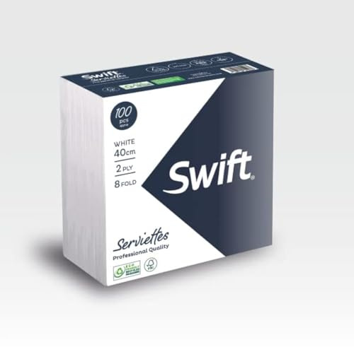 Swift Paper Napkins Serviettes 100 Pack 2Ply 40x40 cm 8 Fold Soft White Disposable Tissue for Dinner, Office, Christmas, Kitchen, Party, Birthday, Weeding, Restaurant, Picnic and Outdoor Events