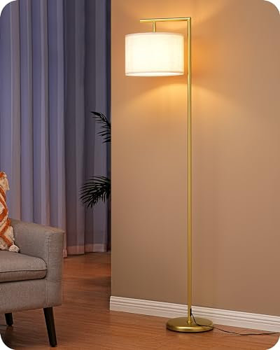 EDISHINE Lampada da Terra, Paralume ad Angolo Orientabile in Lino, Lampadina Inclusa, Base E27, Interruttore a Pedale, Moderna Arco LED Salotto per Camera da Letto, Soggiorno, Ufficio, Oro