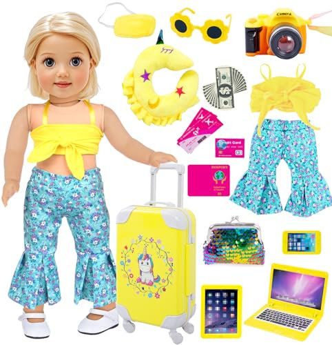 25pc Yellow 18 inch Dolls Travel Suitcase Play Set Doll Clothes and Accessories Include Luggage Camera Computer Glasses Pillow etc (No Doll)