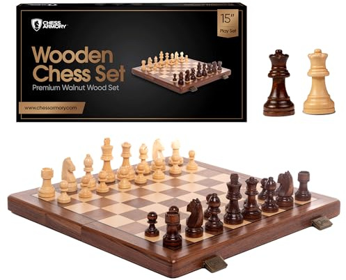 Chess Armory Wooden Chess Set 15 Inch - Premium Walnut Wood Handcrafted Game Board for Adults and Kids with Extra Queen Pieces and Storage Box - Ideal for Home and Travel - Non-Magnetic