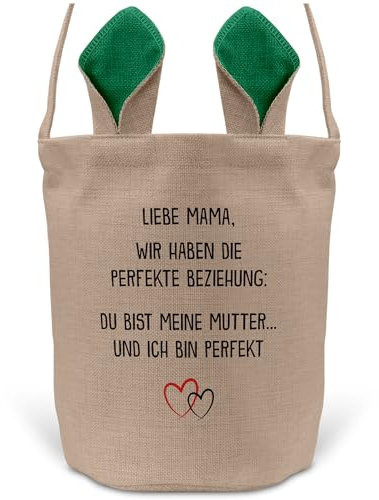 22Feels Mama Osterkorb Mutter mit Henkel Ostergeschenk Tragetasche Ostern Deko Osternest Körbchen Hasenohren (Beige/Grün)